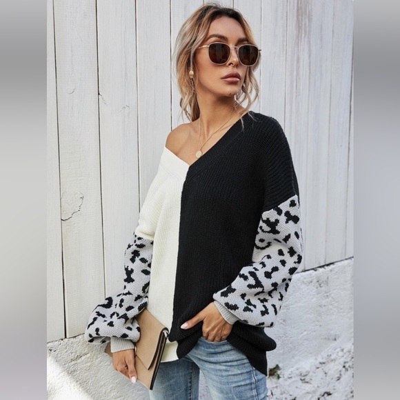 (39)🍁New🍁Fall/Winter Color Block Sweater With Leopard Contrast Sleeves - Picture 4 of 4